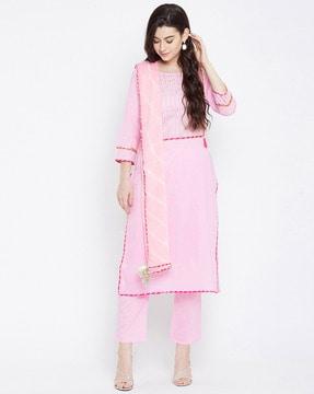 striped kurta set with applique detail