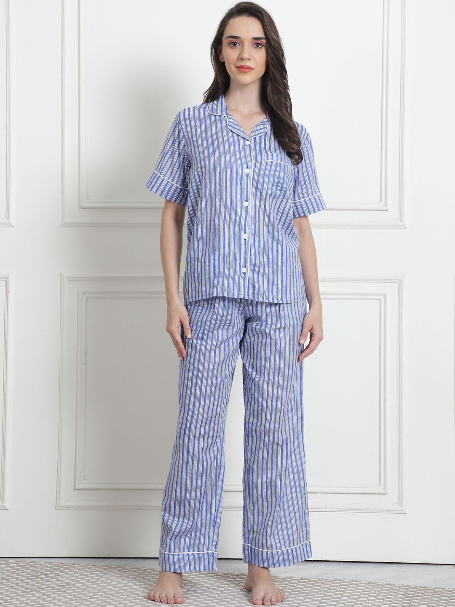 striped light blue cotton night suit (set of 2)