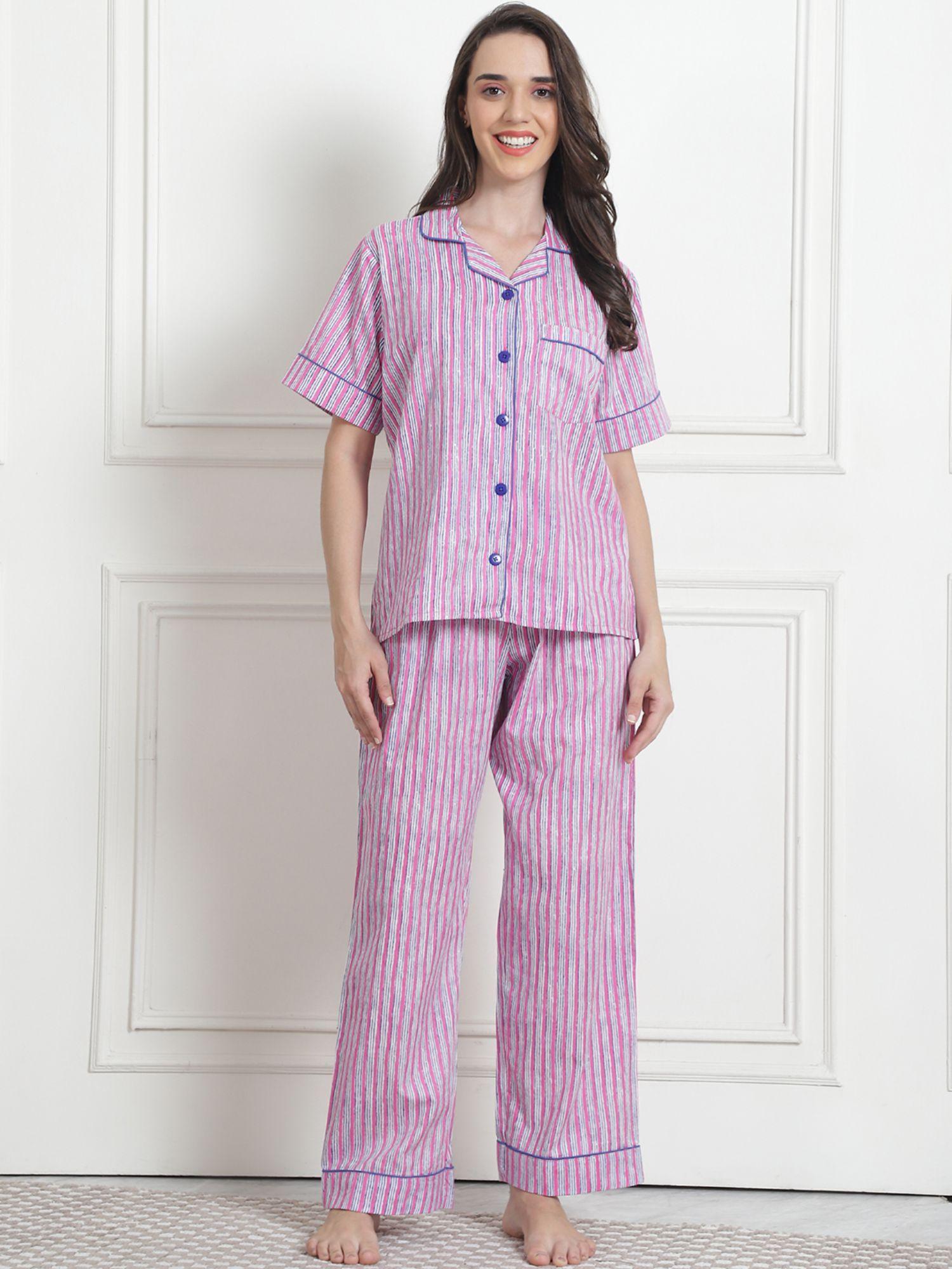 striped light pink cotton night suit (set of 2)