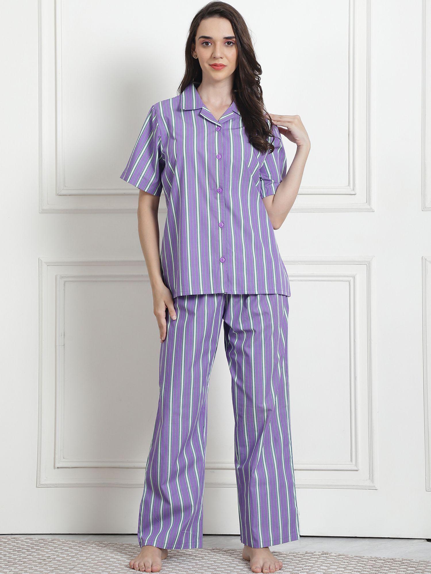 striped lilac cotton night suit (set of 2)