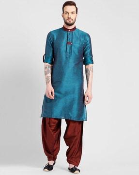 striped long kurta with mandarin collar 