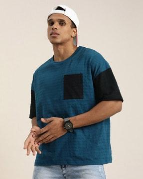 striped loose fit crew-neck t-shirt with patch pocket