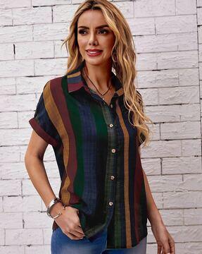 striped loose fit shirt with patch pocket