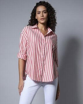 striped loose fit shirt with spread collar