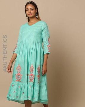 striped lurex dobby flared dress with embroidered detail
