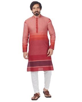 striped mandarin-collar long kurta