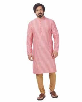 striped mandarin-collar long kurta