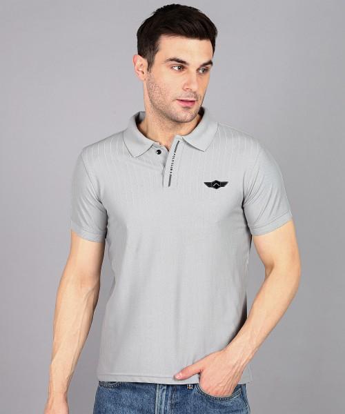 striped men polo neck polyester grey t-shirt