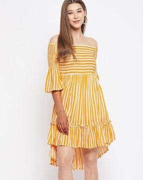 striped off-shoulder fit & flare dress