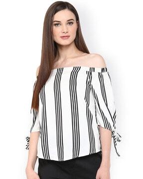 striped off-shoulder top with tie-ups