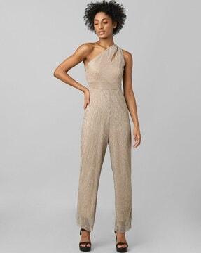 striped one-shoulder shimmer jumpsuit