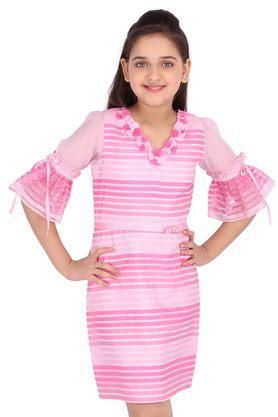 striped organza & georgette v-neck girls casual dress - pink