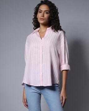 striped oversized shirt with curved hem