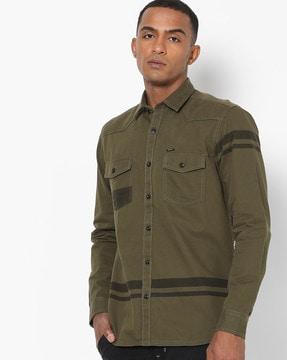 striped panelled slim fit shirt with flap pockets