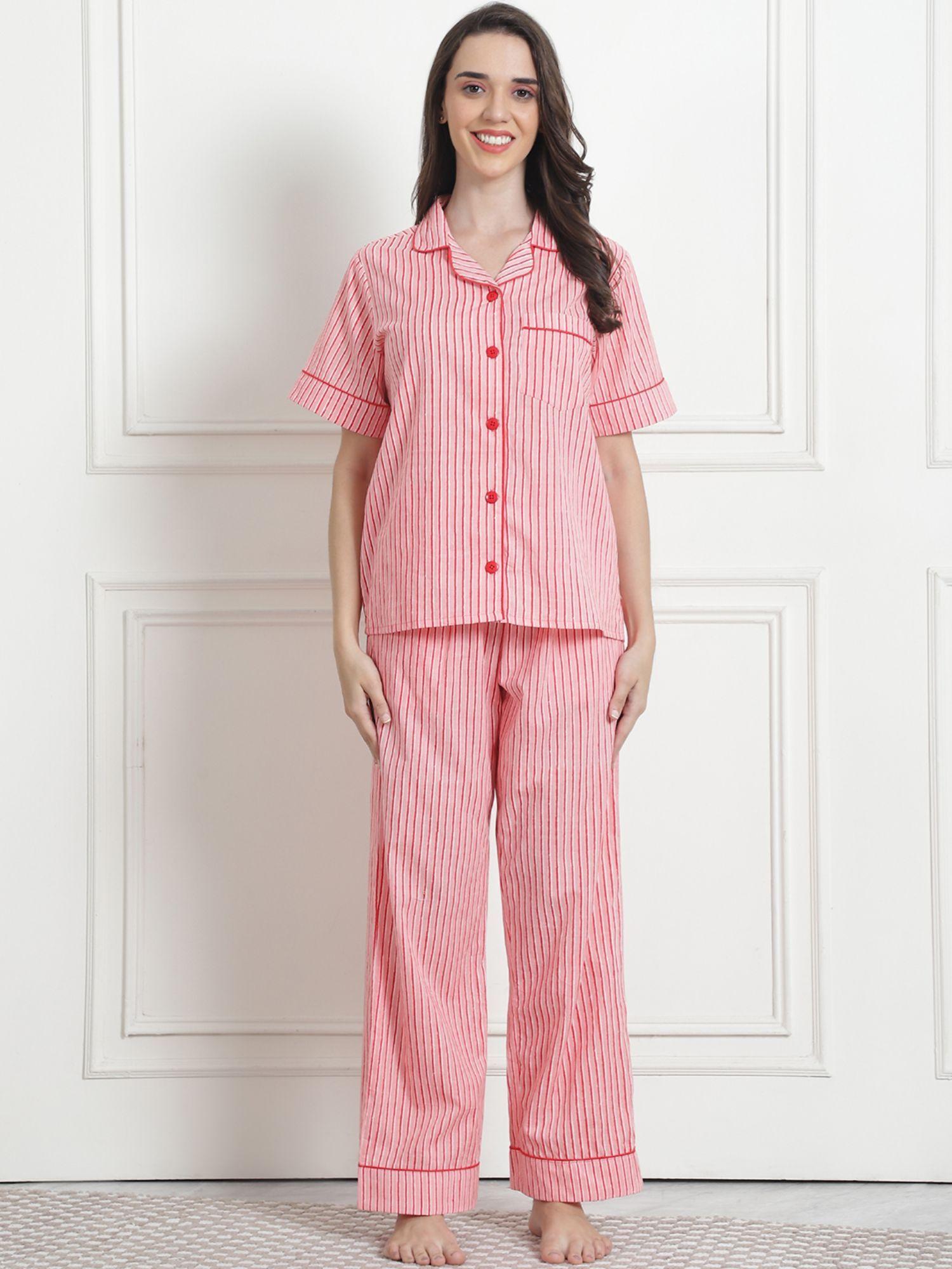 striped peach cotton night suit (set of 2)