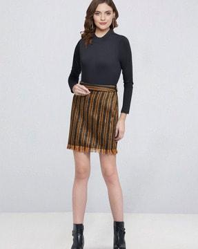 striped pencil skirt with frayed hem