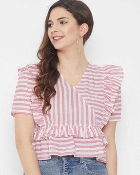 striped peplum top with ruffled panels