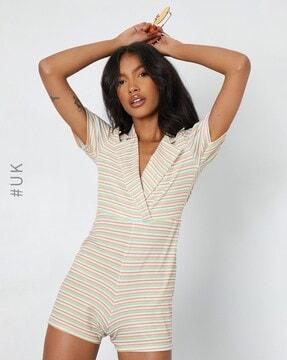 striped playsuit with notched lapel collar