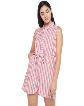 striped playsuit with patch pocket & tie-up