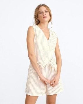 striped playsuit with waist tie-up
