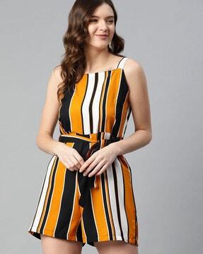 striped playsuit with waist tie-up