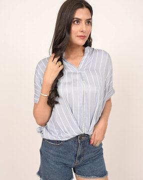 striped pleated top with mandarin collar