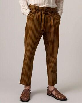striped pleated trousers with fabric belt