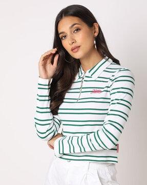 striped polo-neck fitted top