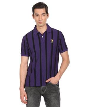 striped polo t-shirt with ribbed hem