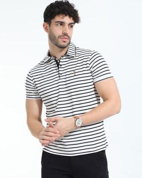 striped polo t-shirt with snap-button closure