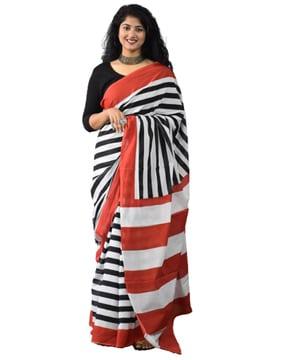 striped print cotton saree with blouse piece