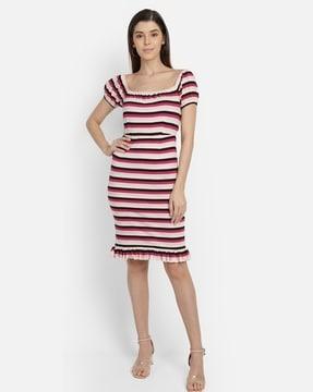 striped puff sleeves fit & flare dress