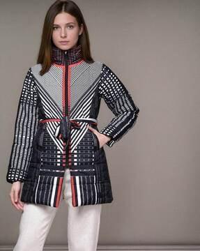 striped puffer jacket with belt