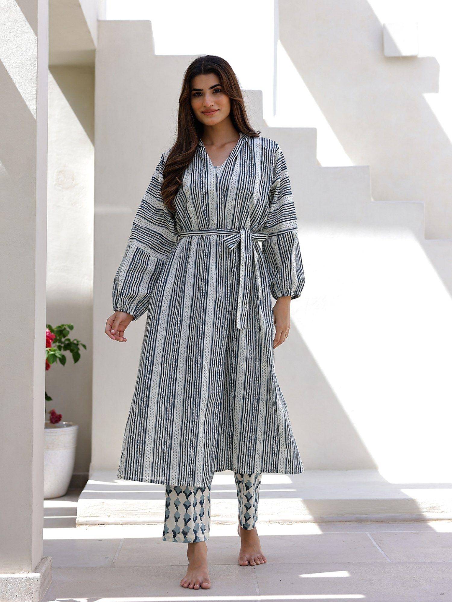 striped pure cotton night suit with robe (set of 3)