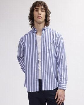 striped regular fit shirt with patch pocket