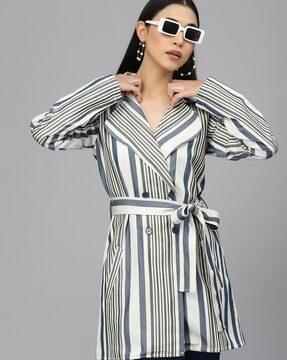 striped regular fit trench coat with belt