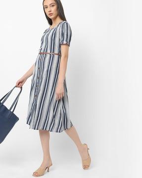 striped round-neck a-line dress with belt