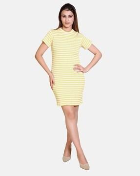 striped round-neck bodycon dress