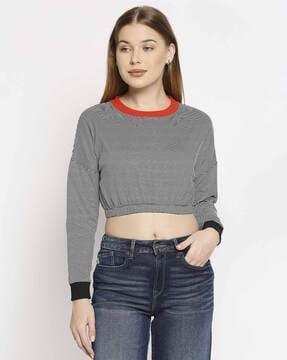 striped round-neck crop t-shirt