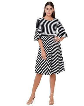 striped round-neck fit & flare dress