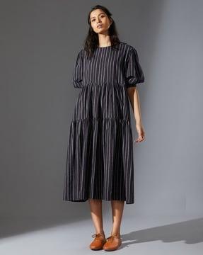 striped round-neck fit & flare dress