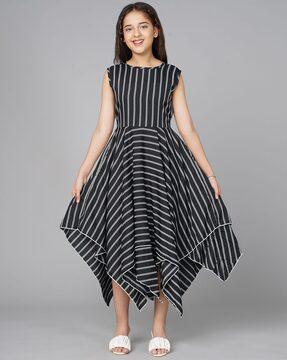 striped round-neck fit and flare dress
