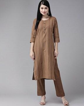 striped round-neck kurta with pants set