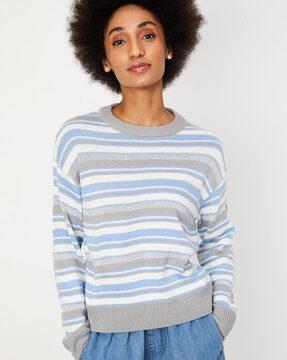 striped round-neck pullover with ribbed hem