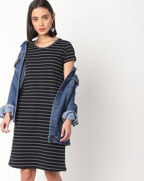 striped round-neck sheath dress