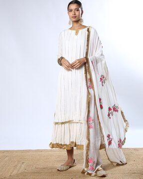 striped round-neck straight kurta set