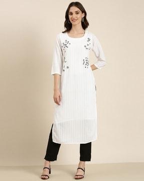 striped round-neck straight kurta with bead-work