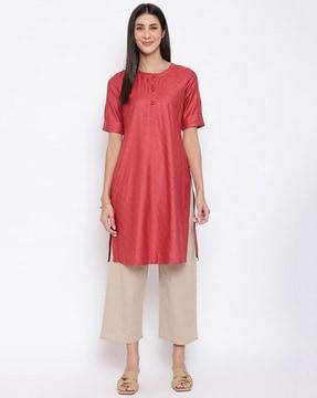 striped round-neck straight kurta