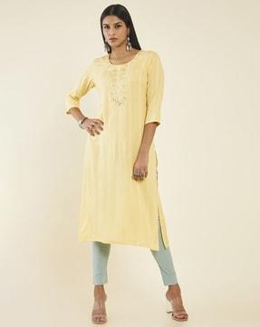 striped round-neck straight kurta