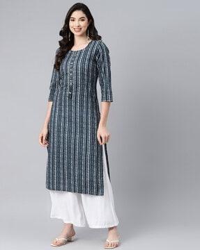 striped round-neck straight kurta